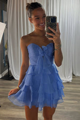 Dreamyannie A Line Homecoming Dresses Blue Tulle Sweetheart Tiered Cocktail Dresses