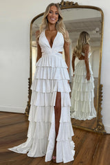 Dreamyannie A-Line Lilac Prom Dress Tiered Halter Long Formal Dress With Slit