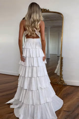 Dreamyannie A-Line Lilac Prom Dress Tiered Halter Long Formal Dress With Slit