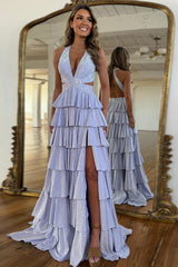 Dreamyannie A-Line Black Prom Dress Tiered Halter Long Formal Dress With Slit