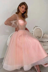 Dreamyannie A Line Pink Prom Dress Tulle Sleeves Formal Dress Peach Party Dress