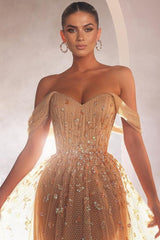 Dreamyannie A Line Prom Dress Off The Shoulder Tulle Beading Sleeveless Formal Dress
