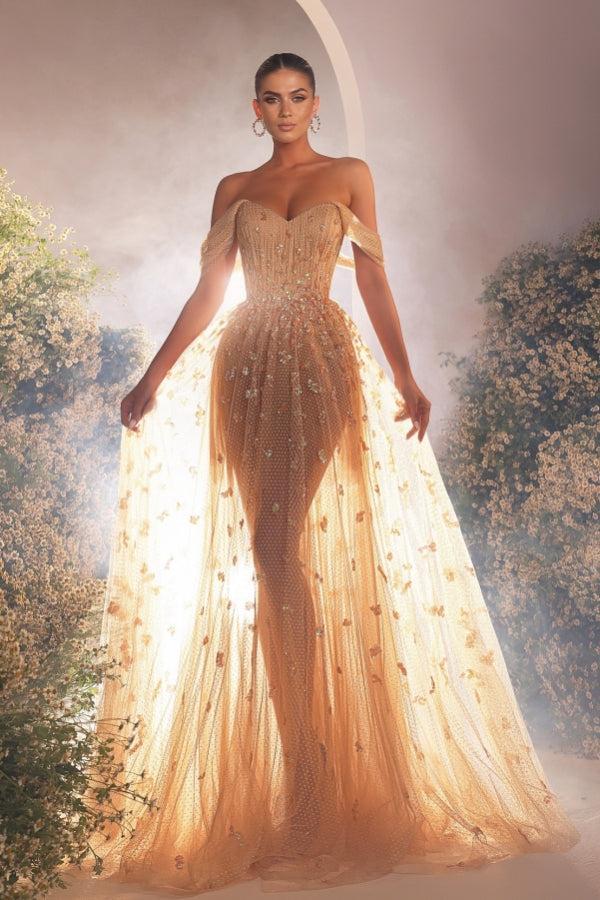 Dreamyannie A Line Prom Dress Off The Shoulder Tulle Beading Sleeveless Formal Dress