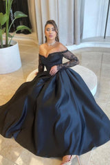 Dreamyannie A Line Prom Dress Satin Long Sleeve Black Formal Dress With Appliques