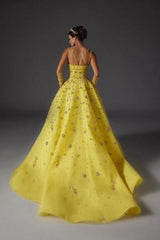 Dreamyannie A Line Prom Dress Satin V Neck Sleeveless Yellow Formal Dress With Beading