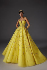 Dreamyannie A Line Prom Dress Satin V Neck Sleeveless Yellow Formal Dress With Beading