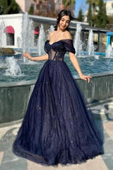 Dreamyannie A Line Prom Dress Tulle Off The Shoulder Sleeveless Formal Dress With Appliques