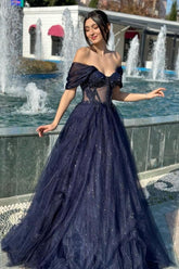 Dreamyannie A Line Prom Dress Tulle Off The Shoulder Sleeveless Formal Dress With Appliques