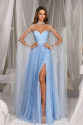 Dreamyannie A Line Prom Dress Tulle Sweetheart Sleeveless Blue Formal Dress With Slit