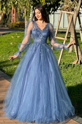 Dreamyannie A Line Prom Dress Tulle V Neck Sleeve Formal Dress With Appliques