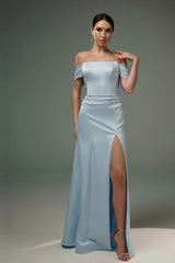 Dreamyannie A Line Satin Off The Shoulder Sleeveless Formal Dress With Slit