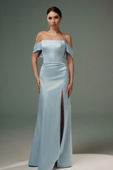 Dreamyannie A Line Satin Off The Shoulder Sleeveless Formal Dress With Slit