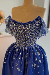 Dreamyannie A Line Satin Prom Dress Scoop Sleeveless Formal Dress With Slit