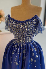 Dreamyannie A Line Satin Prom Dress Scoop Sleeveless Formal Dress With Slit