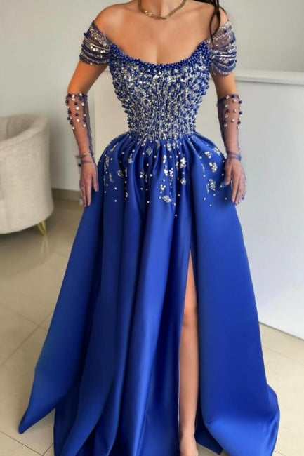 Dreamyannie A Line Satin Prom Dress Scoop Sleeveless Formal Dress With Slit