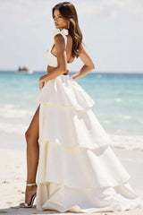 Dreamyannie A Line Satin White 2 Piece Ruffled Long Graduation Dress With Slit