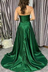 Dreamyannie A Line Sweetheart Dark Green Prom Dress Satin Formal Dress With Slit