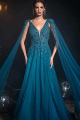 Dreamyannie A Line V Neck Prom Dress Beaded Sequined Cap Sleeves Floor Length Tulle Formal Dress