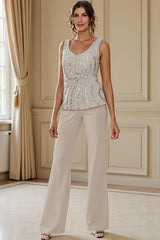 Dreamyannie Apricot Chiffon V Neck 3 Piece Mother Of The Bride Pant Suits With Beading