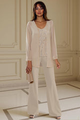 Dreamyannie Apricot Chiffon V Neck 3 Piece Mother Of The Bride Pant Suits With Beading