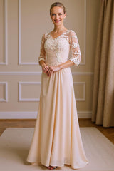 Dreamyannie Apricot Chiffon V Neck Sheath Floor Length Mother Of The Bride Dress With Lace