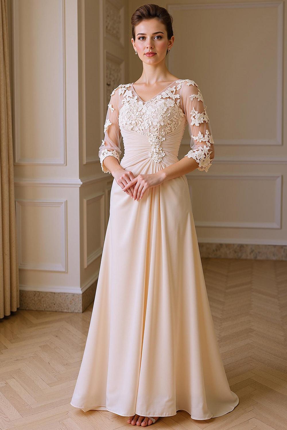 Dreamyannie Apricot Chiffon V Neck Sheath Floor Length Mother Of The Bride Dress With Lace