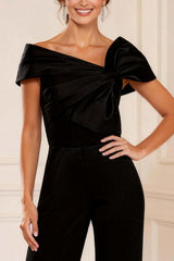 Dreamyannie Asymmetrical Neck Black Long Mother Of The Bride Jumpsuits With Bows
