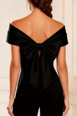 Dreamyannie Asymmetrical Neck Black Long Mother Of The Bride Jumpsuits With Bows