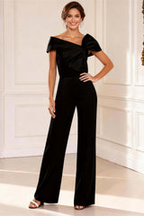 Dreamyannie Asymmetrical Neck Black Long Mother Of The Bride Jumpsuits With Bows