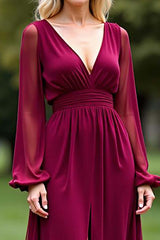 Dreamyannie Backless Long Burgundy Wedding Guest Dress V-Neck Chiffon Formal Dress With Slit