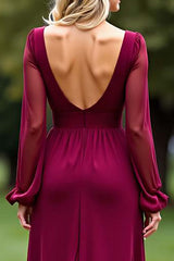 Dreamyannie Backless Long Burgundy Wedding Guest Dress V-Neck Chiffon Formal Dress With Slit