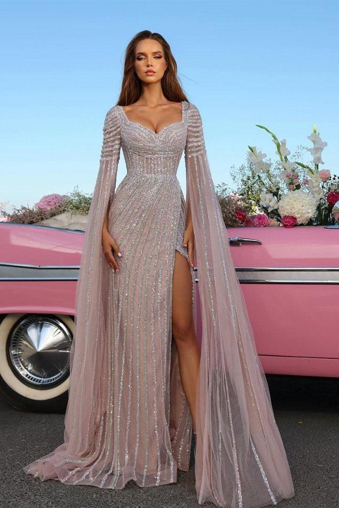 Dreamyannie Beaded Cap Sleeve Prom Dress Sheath Formal Dress with Slit