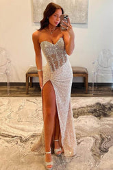 Dreamyannie Beaded Champagne Prom Dress Sweetheart Long Formal Dress With Slit