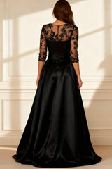 Dreamyannie Black A Line Satin Floor Length Mother Of The Bride Dress With Slit