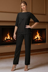 Dreamyannie Black Bateau Neck 2 Piece Mother Of The Bride Pant Suits With Sleeves