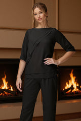 Dreamyannie Black Bateau Neck 2 Piece Mother Of The Bride Pant Suits With Sleeves