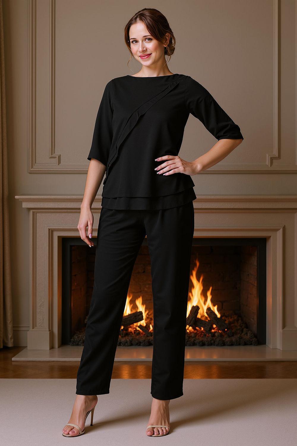 Dreamyannie Black Bateau Neck 2 Piece Mother Of The Bride Pant Suits With Sleeves