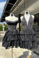 Dreamyannie Black Beaded Corset A Line Homecoming Dresses Short Cocktail Dresses With Ruffles