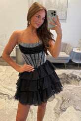 Dreamyannie Black Beaded Corset A Line Homecoming Dresses Short Cocktail Dresses With Ruffles