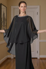 Dreamyannie Black Beaded Sheath Floor Length Mother Of The Bride Dress With Cape