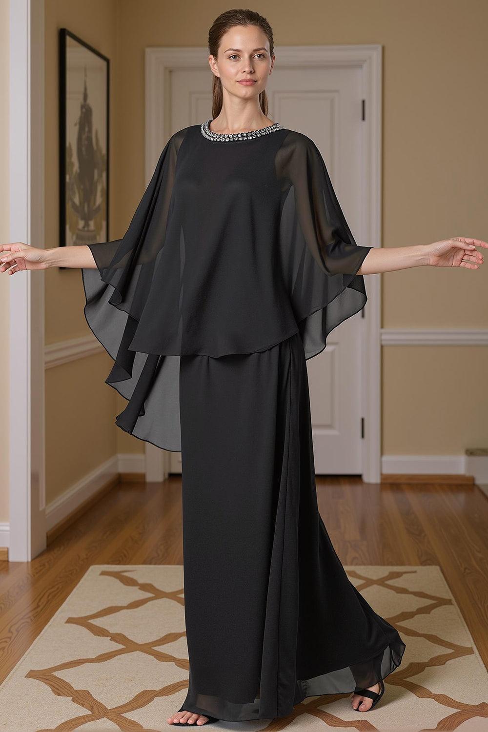 Dreamyannie Black Beaded Sheath Floor Length Mother Of The Bride Dress With Cape