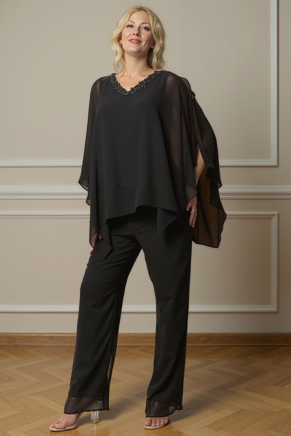 Dreamyannie Black Beaded V Neck Mother Of The Bride Pant Suits