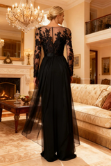 Dreamyannie Black Chiffon Illusion Neck Floor Length Mother Of The Bride Jumpsuit With Cape
