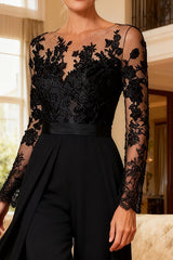 Dreamyannie Black Chiffon Illusion Neck Floor Length Mother Of The Bride Jumpsuit With Cape