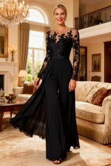 Dreamyannie Black Chiffon Illusion Neck Floor Length Mother Of The Bride Jumpsuit With Cape
