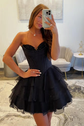 Dreamyannie Black Corset A Line Homecoming Dresses Short Cocktail Dresses With Ruffles