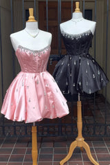 Dreamyannie Black Corset Homecoming Dresses Strapless Short Cocktail Dresses With Rhinestone