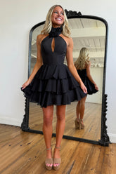 Dreamyannie Black Floral Homecoming Dresses High Neck Short Cocktail Dresses With Ruffles