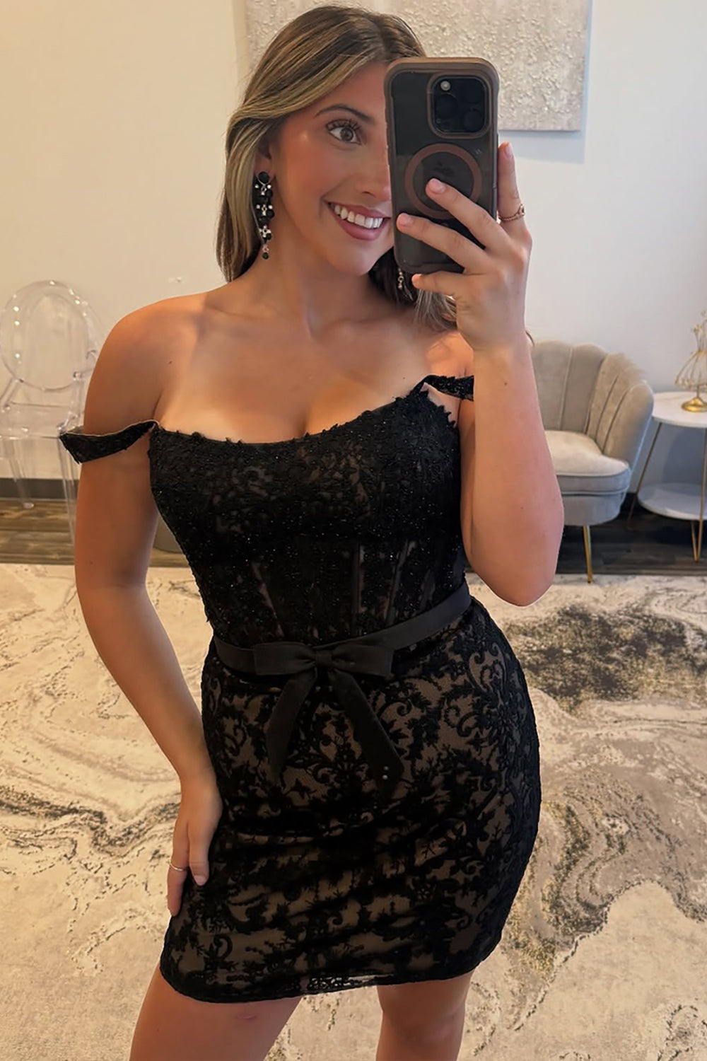Dreamyannie Black Lace Off The Shoulder Homecoming Dresses Short Corset Cocktail Dresses With Bow