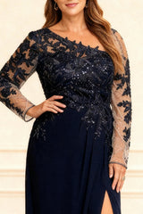 Dreamyannie Black One Shoulder Lace Floor Length Plus Size Mother Of The Bride Dress With Slit